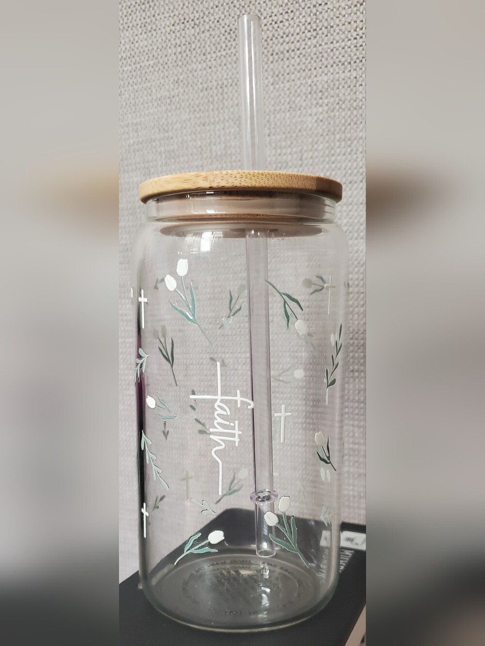 Faith And Floral Glass Cup with Bamboo Lid